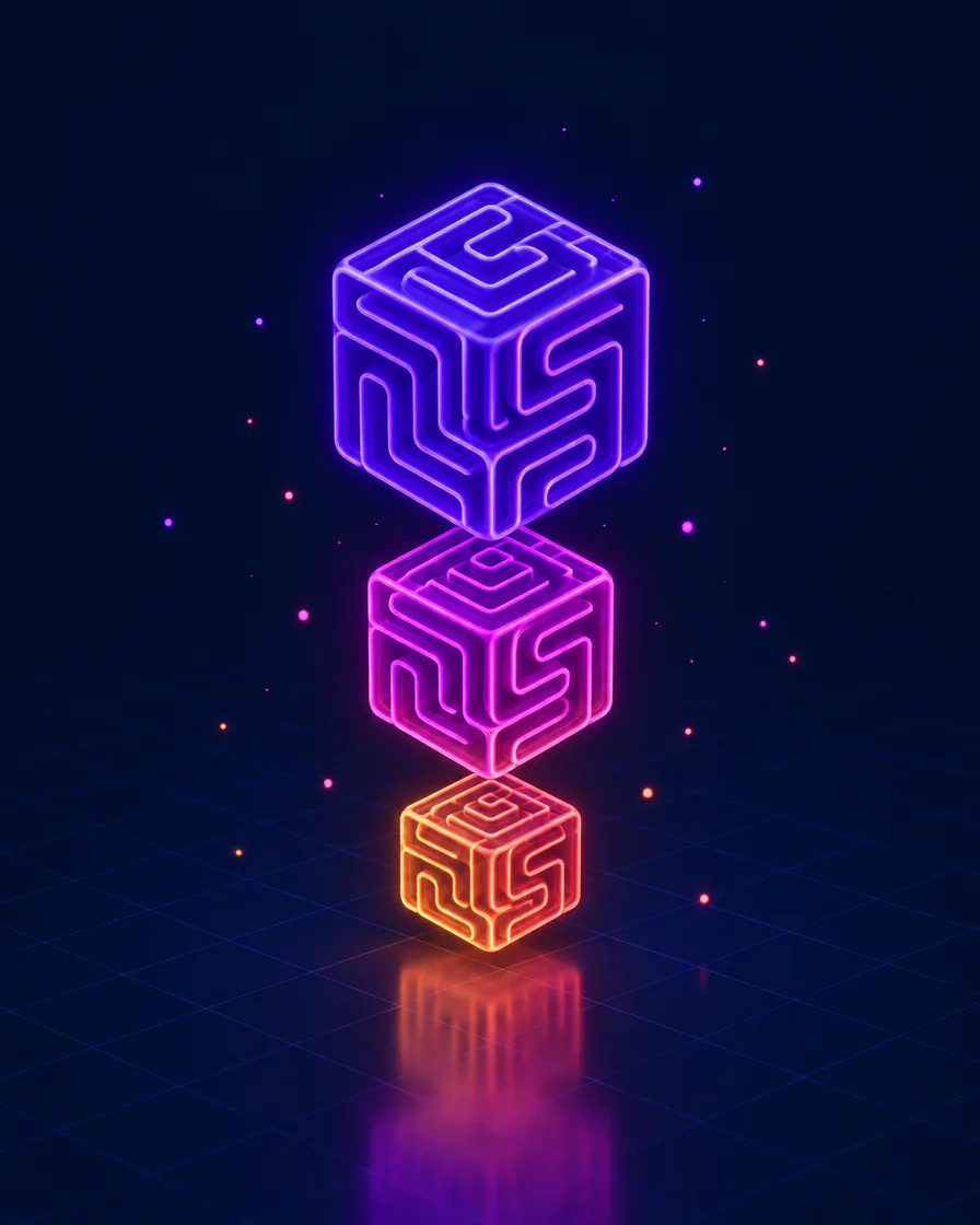 Trois cubes labyrinthes lumineux de plus en plus grands — un partenaire technologique pour grandir