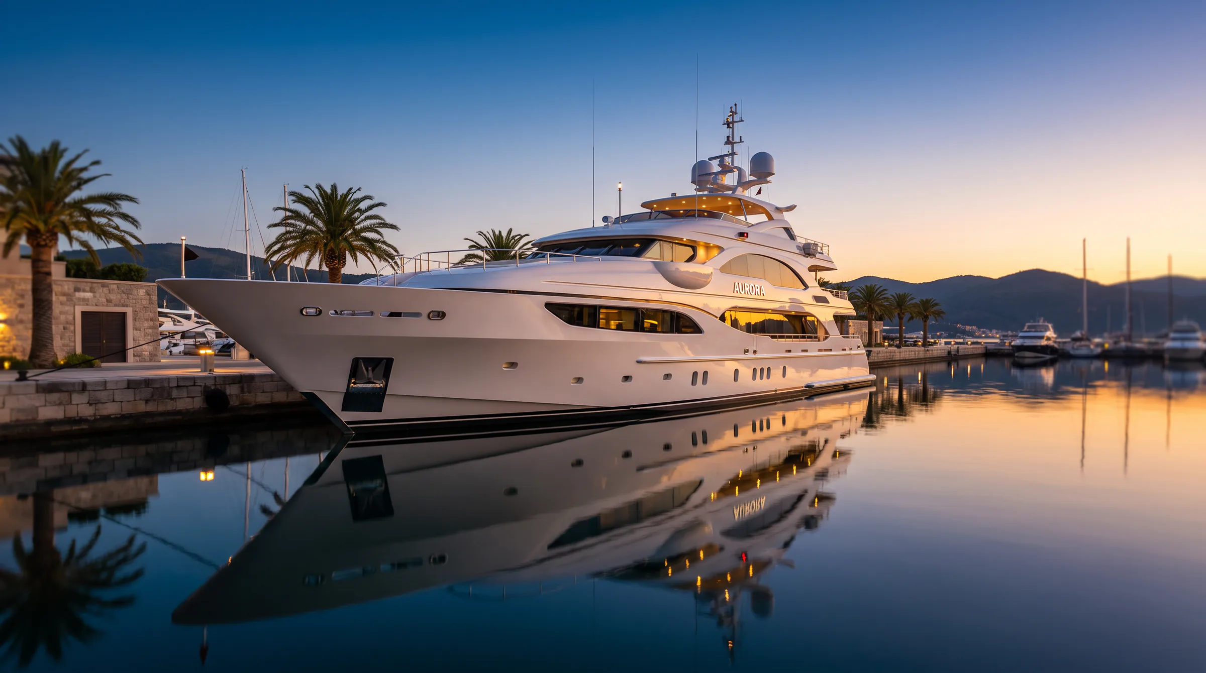 Yacht de luxe amarré dans une marina calme au coucher du soleil — ouverture du site Signature Nautique