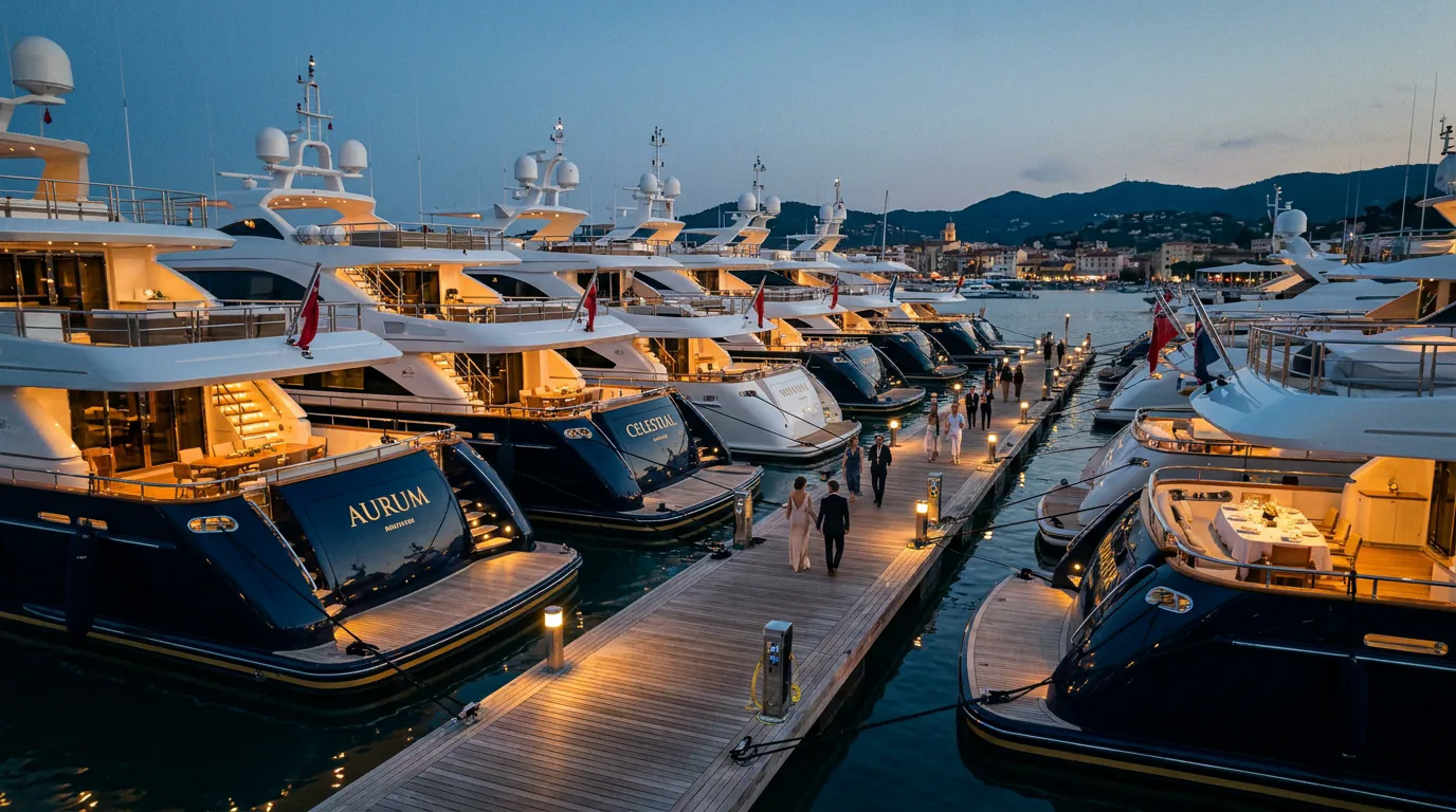 Rangée de yachts de luxe dans une marina au crépuscule