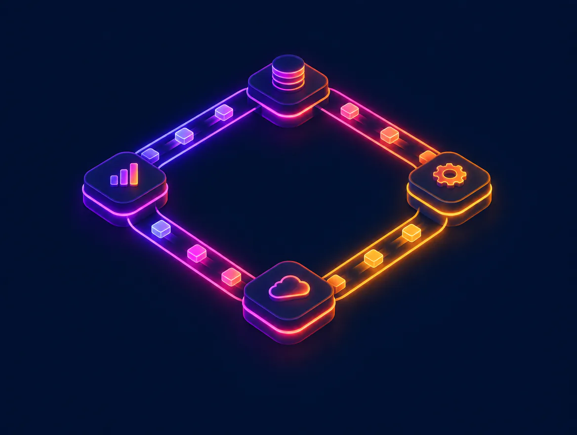 Boucle de convoyeurs lumineux reliant quatre modules métier