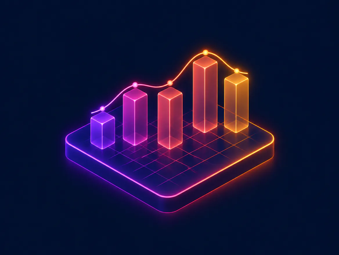 Plateforme isométrique avec des colonnes de lumière et une courbe de tendance