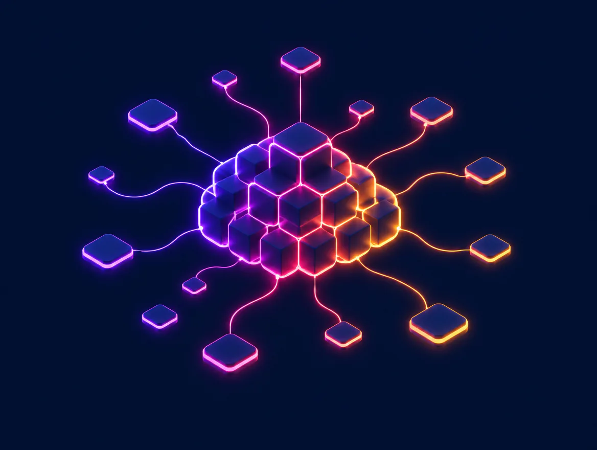 Grappe de cubes formant un nuage relié à des modules satellites